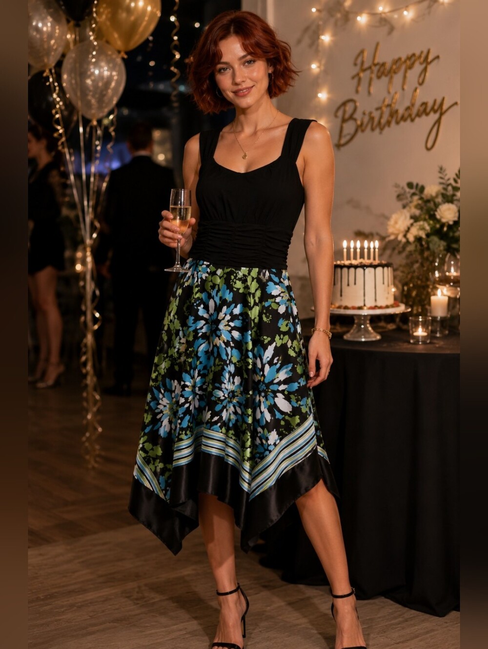 Signature by Sangria Black Dress with Blue & Green Floral Skirt